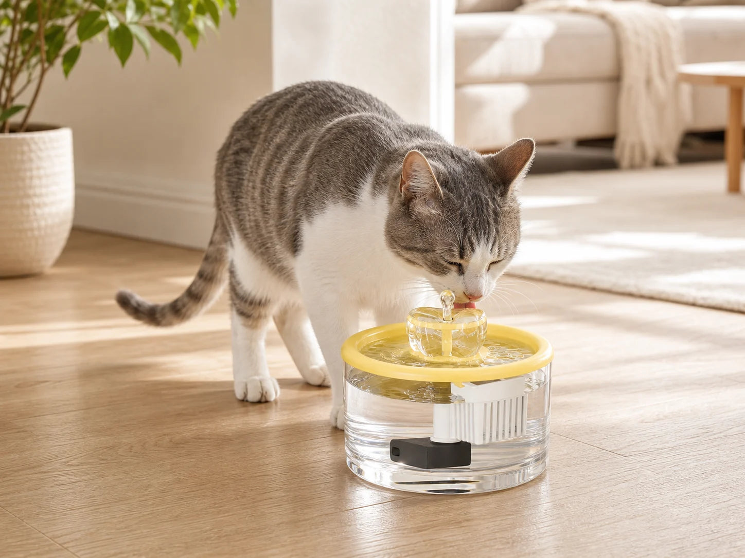 Cat drinking from a round water fountain